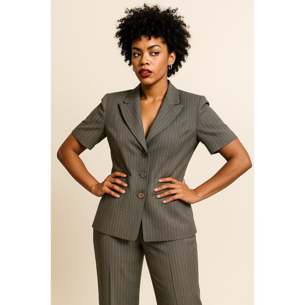 Kasper Size 2P Black Petite Women’s Two Piece Striped Short Sleeves Suit Black